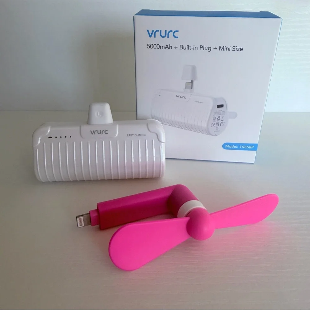 White Portable Phone Charger w/ Kickstand & Pink Fan Bundle